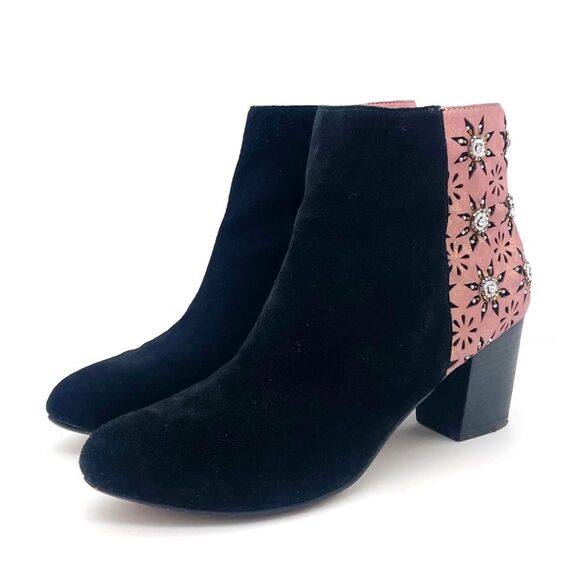 Anthropologie Miss Albright Kaida Beaded Ankle Bootie Black Pink Suede Size 8 - Picture 6 of 16